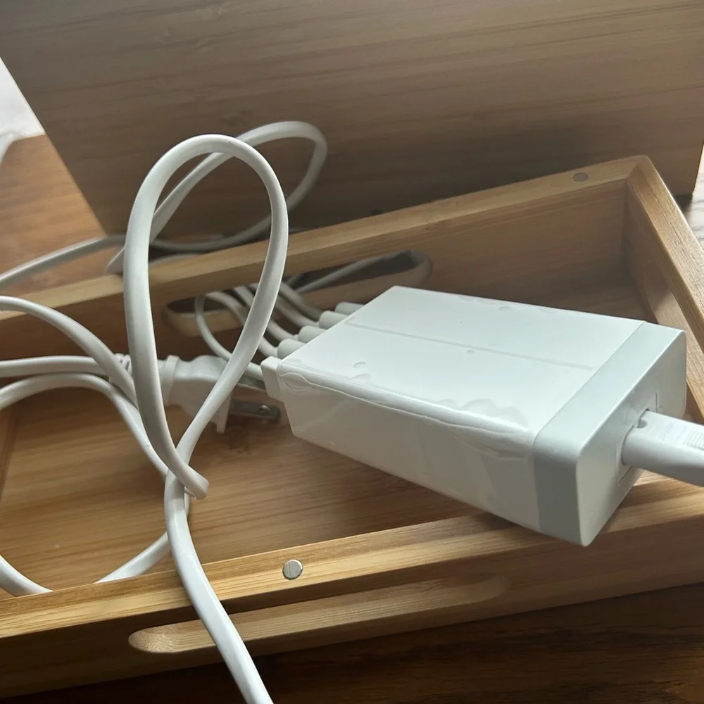 iPhone Apple Watch iPad device charging station with cords - Wood